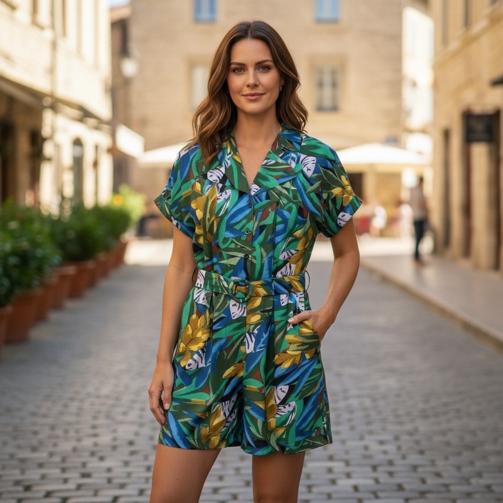 Vintage Milanzo Fish Print Belted Romper Size 9/10 - Picture 2 of 12